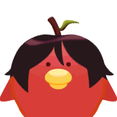 A small apple-bird hybrid character with dark brown messy hair.