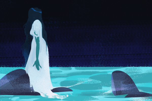 A digital painting of a teal-skinned figure in a long white dress wandering in shallow, glowing waters.