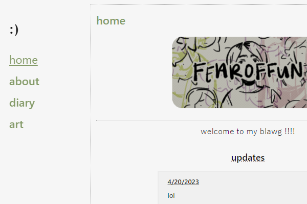 A screen capture of a navigational sidebar and a banner with sketches of a character and 'FEAROFFUN' handwritten in its center.